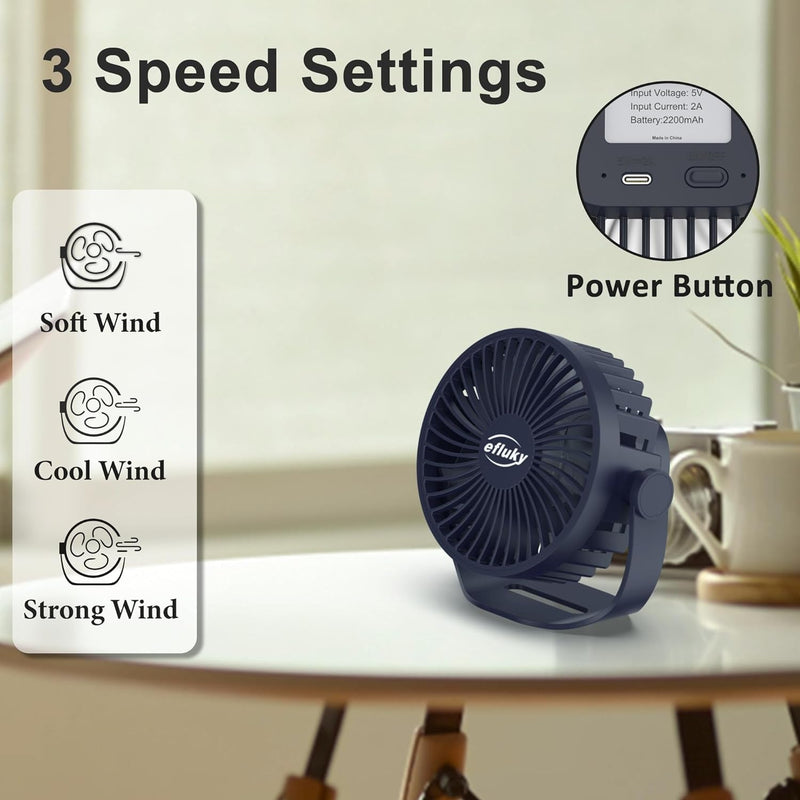 Efluky USB Small Desk Fan, 3 Speeds USB Rechargeable Fan Built-In Battery, 360° Adjustment Portable Mini Fan Suitable for Home, Office and Travel, Blue