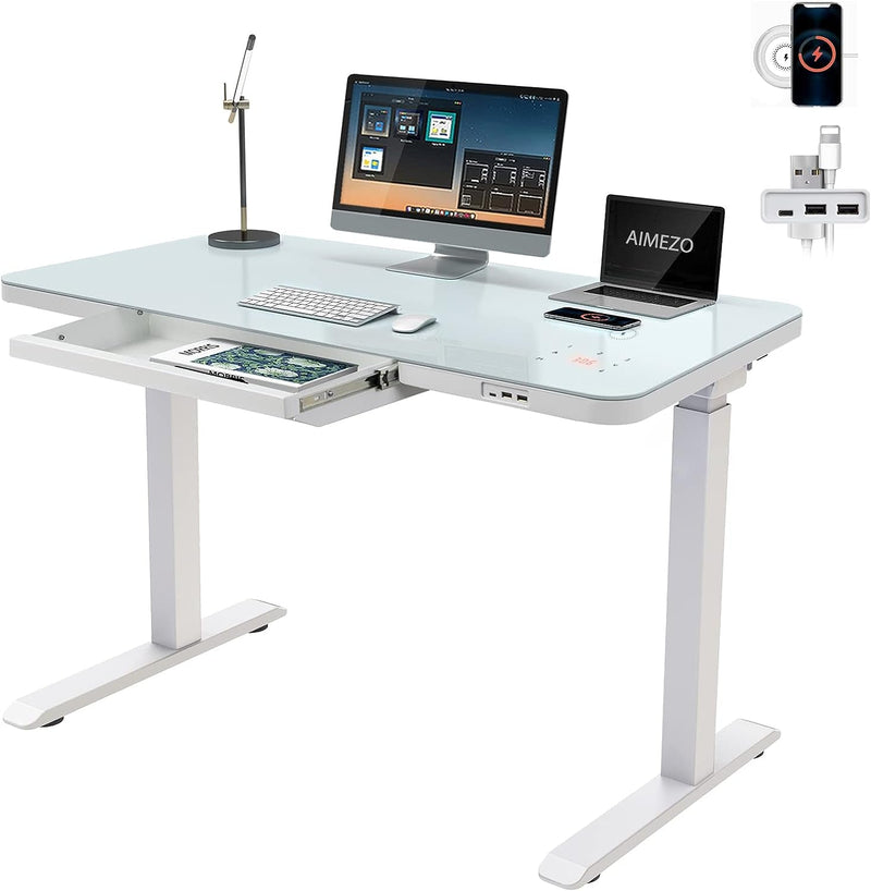 AIMEZO Glass Electric Standing Desk with Drawers Charging USB Port 45 X 23 Inch Dual Motor Electric Height Adjustable Desk Sit Stand Desk with USB Type-C/A Port, White Glass Top