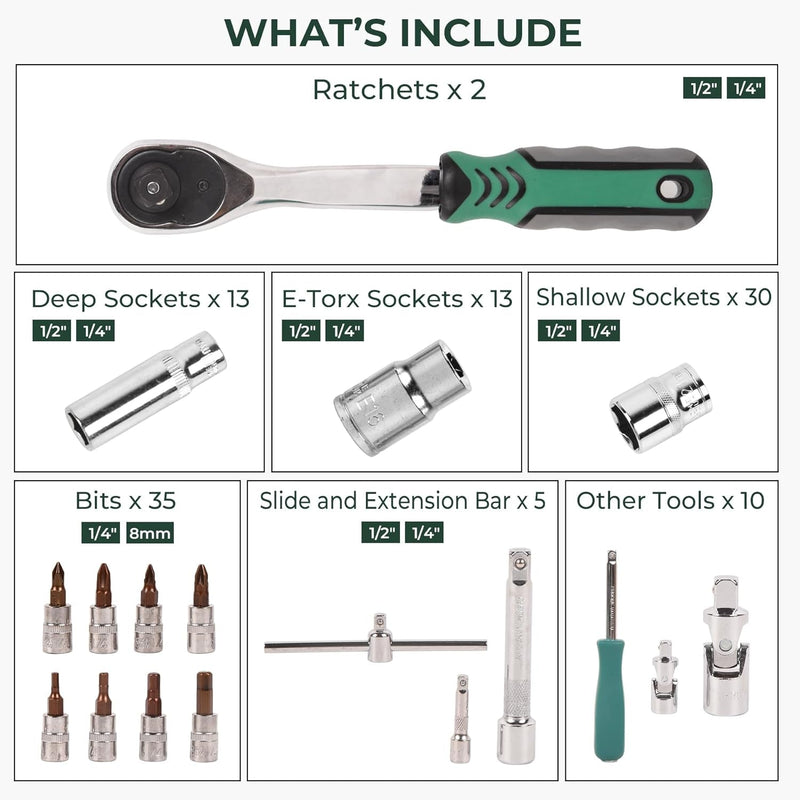 108Pcs 1/2" 1/4" Socket and Drive Tool Set Mechanics Tools Kit Sockets Ratchet Wrench Set Metric Drive Socket Set, 1/2" 1/4" Drive Sizes with Plastic Toolbox