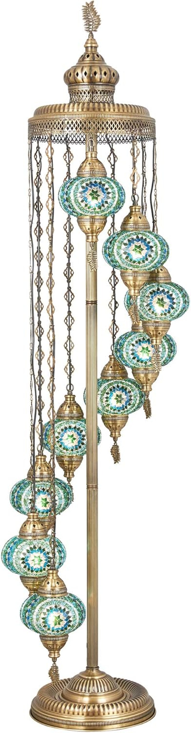 DEMMEX - 9 Big Globes Turkish Moroccan Mosaic FLOOR Lamp Light, Bohemian Boho Stained Glass Tiffany Mosaic Floor Lamp, 6 Feet (Green-Teal-Turquoise)