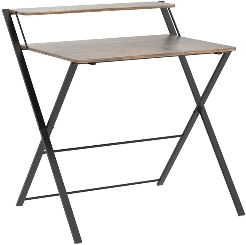 31.9'' Folding 2 Tier Foldable Assembly Saves Space for Home Office Study, Metal Frames/Wood Top Laptop Table, Brown Computer Desk