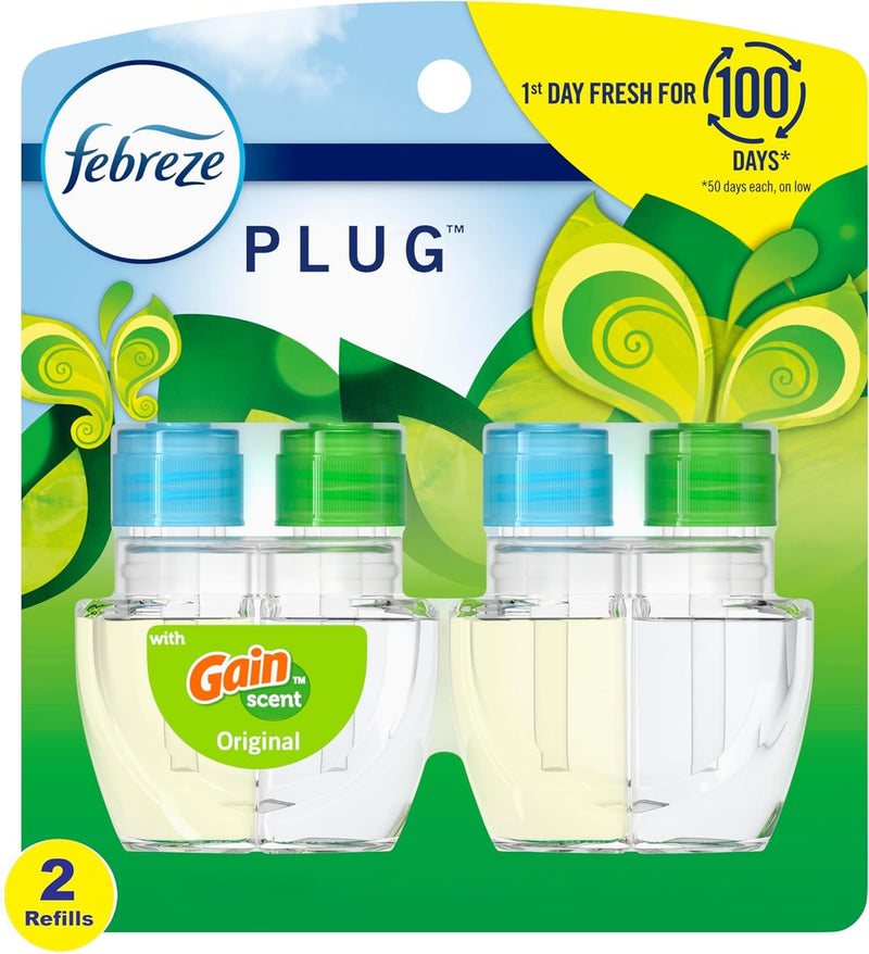 Febreze Plug in Air Fresheners for Home, Air Freshener Plug In, Gain Scent, Odor Fighter for Strong Odors, 1 Warmer + 2 Oil Refills