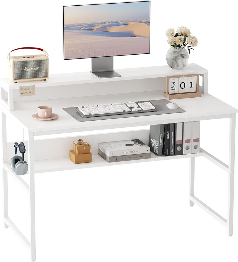 Cubiker 47 Inch Computer Desk with Storage, Home Office Desk with Monitor Stand and Storage Shelves, Modern Study Writing Desk, White