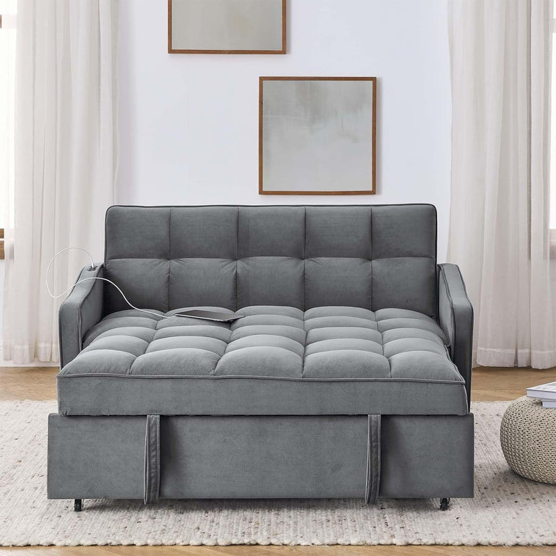 3 in 1 Sleeper Sofa Couch Bed with USB & Type C Port, 52" Small Modern Convertible Tufted Velvet Loveseat Sofa W/Pull Out Bed for Living Room Small Space Apartment, Grey