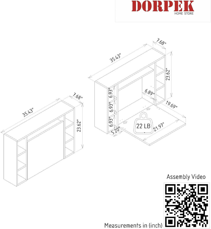 DORPEK Airdesk Wall Mounted Study Desk White Floating Computer Desk, Wall Mounted Laptop Desk, Foldable Study Desk with 4 Tier Bookcase, Computer Table for Living Room, Study Room, Home Office