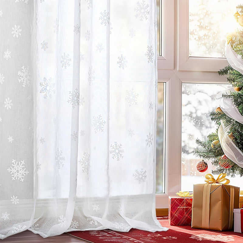 Bgment Christmas Curtains for Living Room 84 Inch Length 2 Panels Set, Snowflake Linen Look Sheer White Curtains Rod Pocket Window Curtains for Dining Room Xmas Holiday Decoration, Set of 52 X 84 Inch