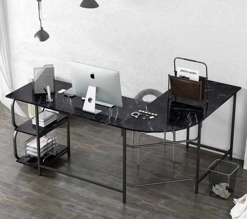 Anivia Reversible L Shaped Office Desks with Storage Shelves, round Corner Computer Desk Gaming Table Workstation for Home Office (Black Marbling), 68.9"
