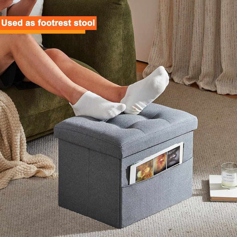 ALASDO Ottoman Storage Ottoman Footrest with Side Pocket Folding Ottoman with Srorage Small Ottoman for Living Room Study Bedroom Grey L17W13H13Inches