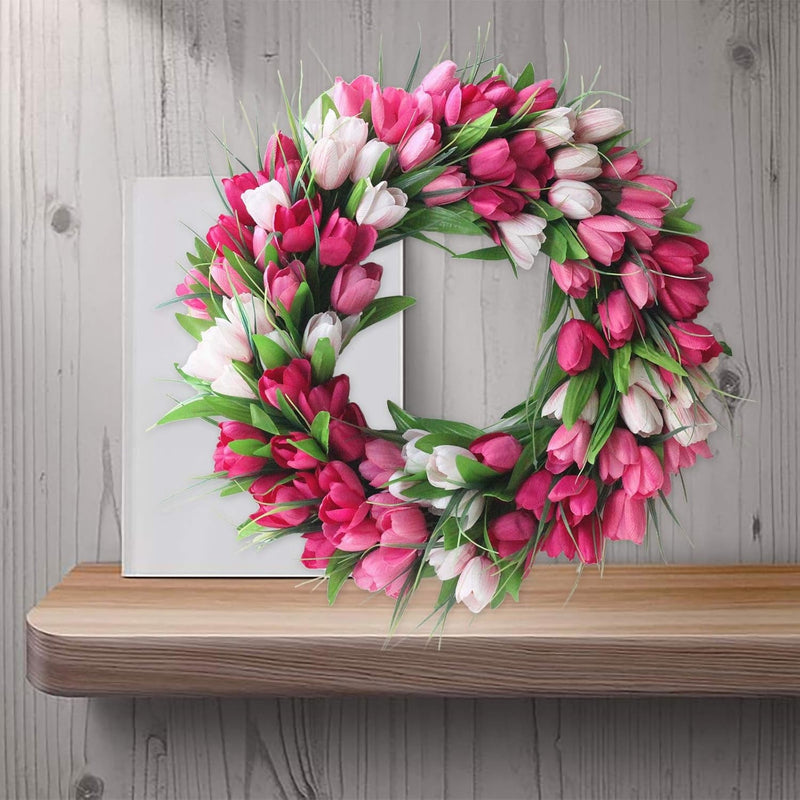 19.7 Inches Artificial Tulip Flower Wreaths Pink Tulip Front Door Wreath Fake Flower Wreaths for Spring, Summer, Winter, Home, Wedding, 210106QY01-31-1716178281