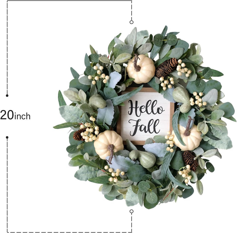 20Inch Fall Wreath Pumpkin Wreath Harvest Wreath Green Leaf Wreath Hello Fall Sign Wreath Front Door Back Door Hallway Decorative Wreath Thanksgiving Harvest Festival Celebration Wreath