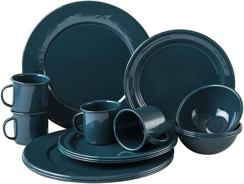 Cinsa 16 Piece. Enameled Dinnerware Camping/Outdoor Set for 4. Includes Plates, Bowls, Mugs, Coffee Boiler