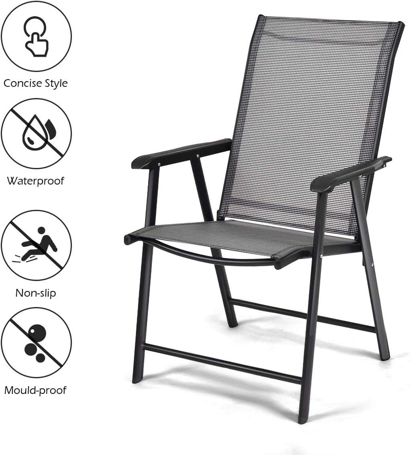 Giantex Set of 4 Patio Chairs, Outdoor Folding Chairs, Portable Dining Chairs for Garden Camping Poolside Beach Deck, Lawn Chairs with Armrest, 4-Pack Sling Chairs, Metal Frame, Grey