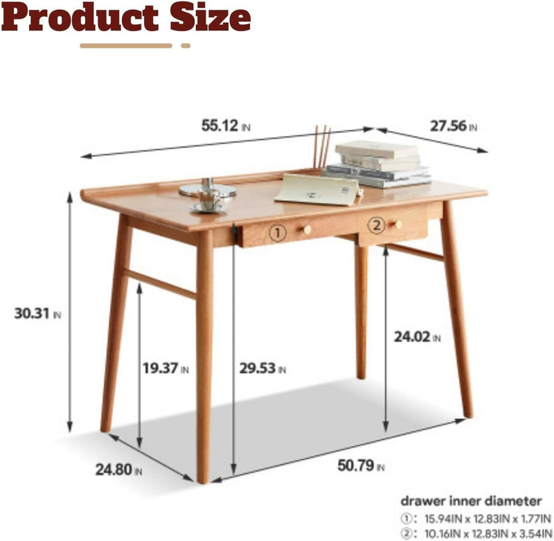 Home Office Desk with Drawers, 100% Solid Wood Computer Desk with Storage, Modern Study Table for Small Spaces (50.11" X 27.55" X 30.31")