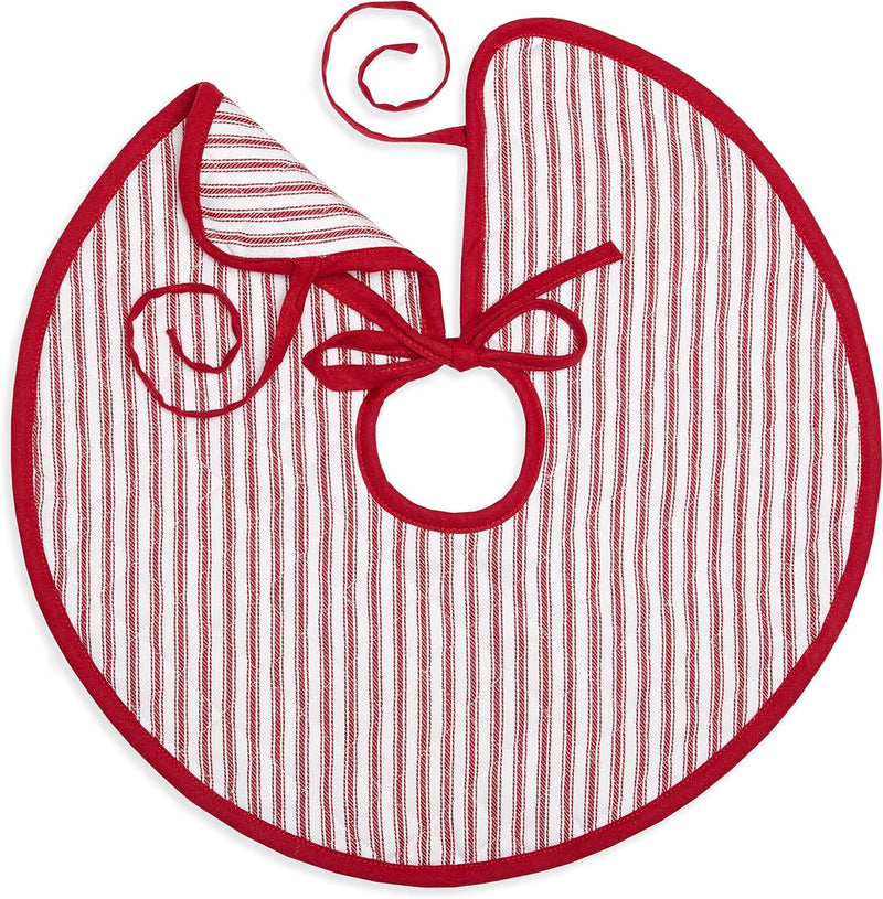 Cackleberry Home Red and White Ticking Stripe Woven Cotton Christmas Tree Skirt Quilted Reversible 21 Inches