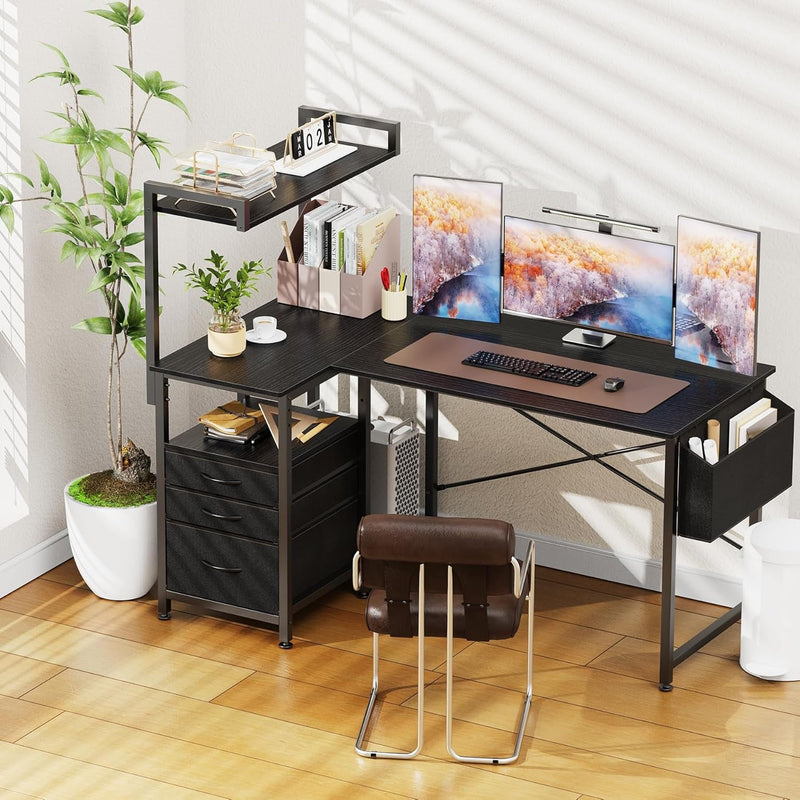 55 Inch L Shaped Desk with 3 Fabric Drawers, Reversible Computer Desk with Top Shelf & Storage Shelf & CPU Stand for Home Office,Corner Gaming Desk Work Study Table for Gaming Writing,Black