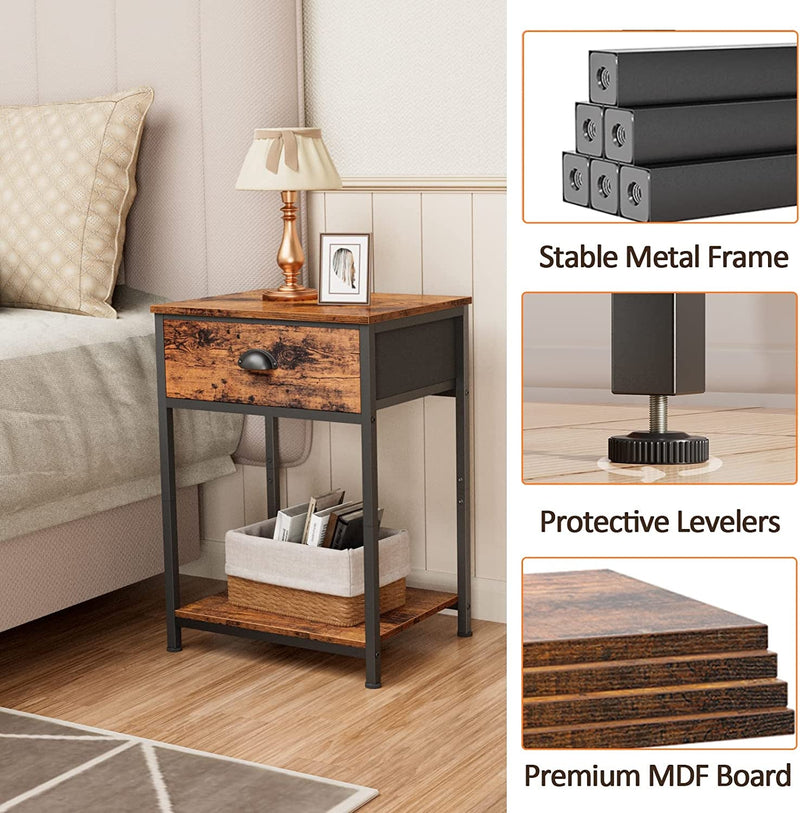 Furologee End Table with Storage Shelf and Fabric Drawer, 2 Tiers Industrial Nightstand, Bedside Table Organizer, 23.6 Inch Tall Side Table for Living Room Bedroom, Rustic Brown, Easy Assembly