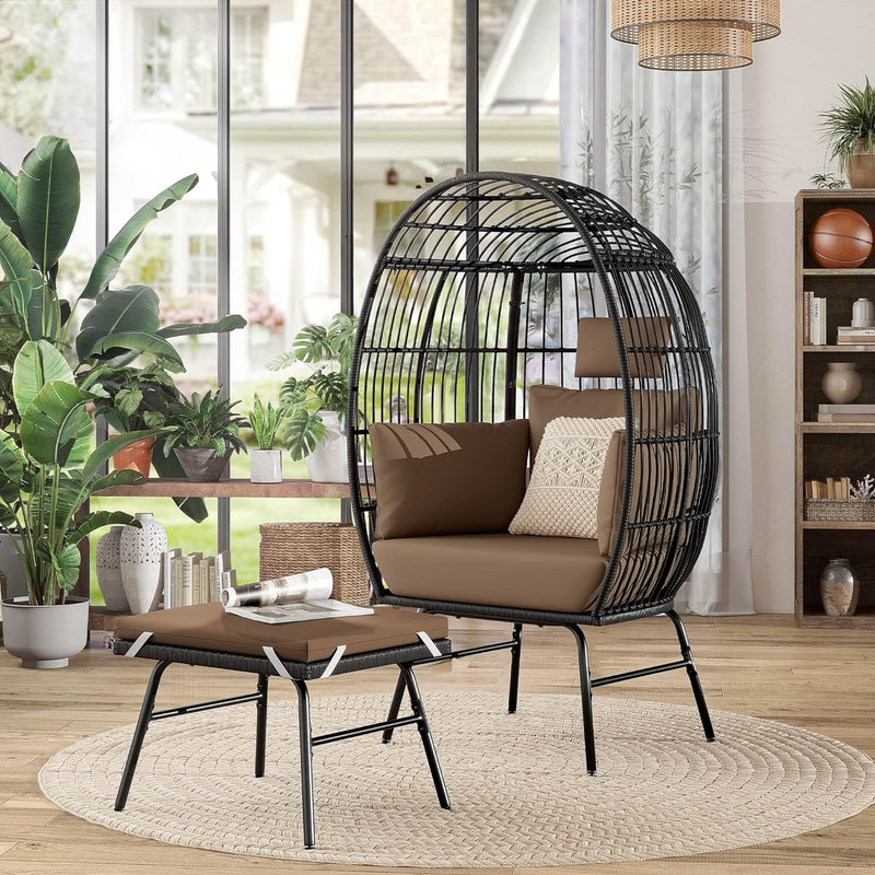 DWVO Outdoor Egg Chair with 2-In-1 Footrest, Patio Wicker Basket Chair with Ottoman, Indoor Egg Chairs with Cushion, Boho Cocoon Chair for Outside, Bedroom, Brown