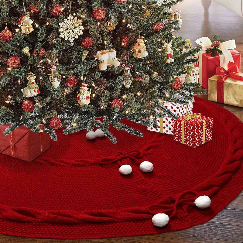 Aerwo Knitted Christmas Tree Skirt 48 Inches, Large Red Tree Skirt Luxury Christmas Decorations, Thick Xmas Tree Skirt with Cute Bow and White Fluffy Ball for Holiday Party Christmas Decor