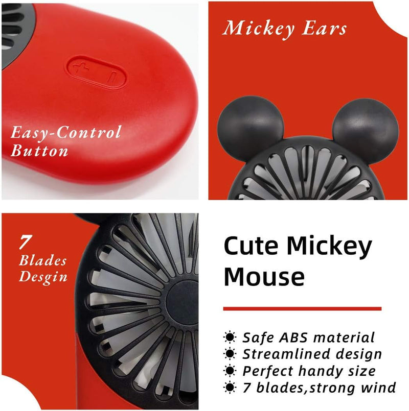 Cute Personal Mini Fan, Handheld & Portable USB Rechargeable Fan with Beautiful LED Light, 3 Adjustable Speeds, Portable Holder, Perfect for Indoor or Outdoor Activities, Cute Mouse