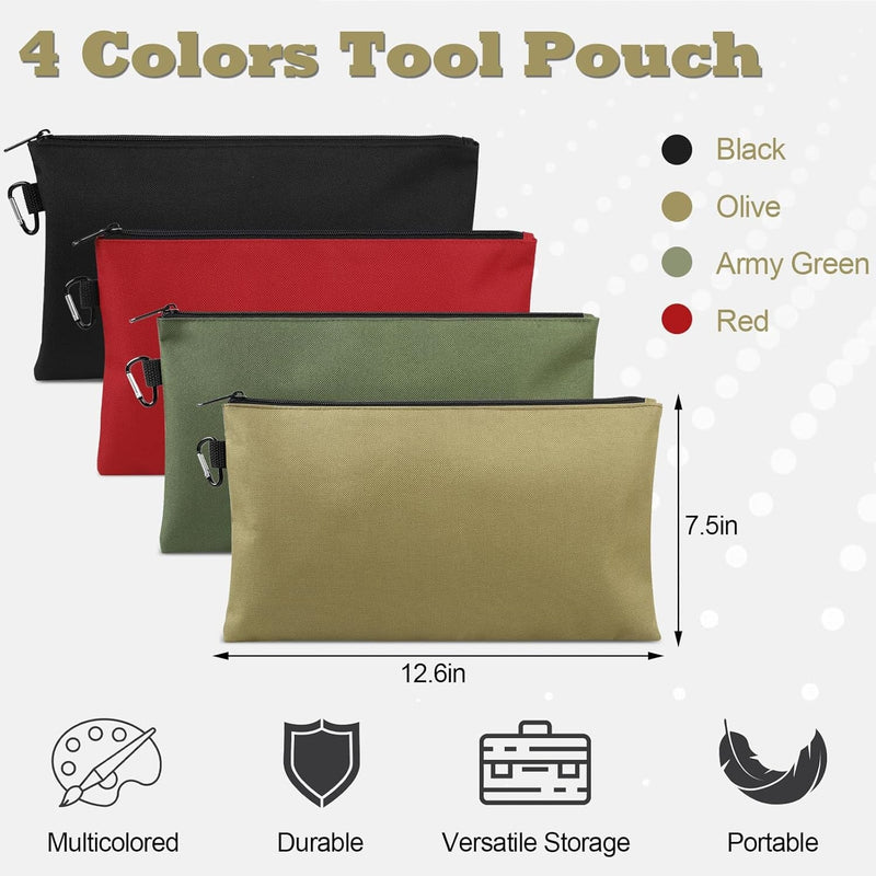 4 Pack Tool Bag, Premium Tool Pouch Zipper Bag, 12" Tool Pouch with Zipper, Multipurpose Storage Pouch with Carabiner for Tools, Stationary, Pencil Pouch, Gadgets, Cosmetics