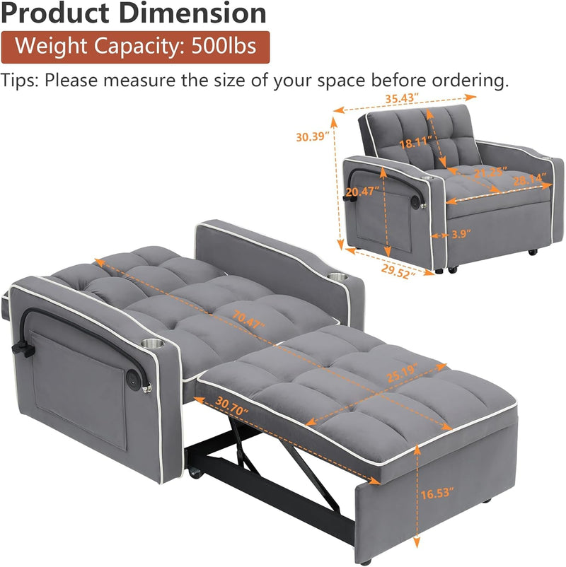 Convertible Chair Bed, Modern Velvet Sofa Chair Sleeper Bed with USB Ports & Cup Holders, Adjustable Backrest Single Lounge Armchair with Phone Holder for Living Room Bedroom, Dark Gray