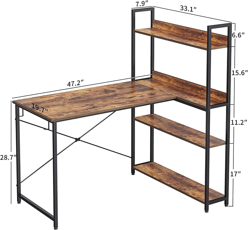 Cubicubi Computer Corner Desk with Storage Shelves, 47 Inch Small L Shaped Computer Desk, Home Office Writing Desk with 2 Hooks, Black