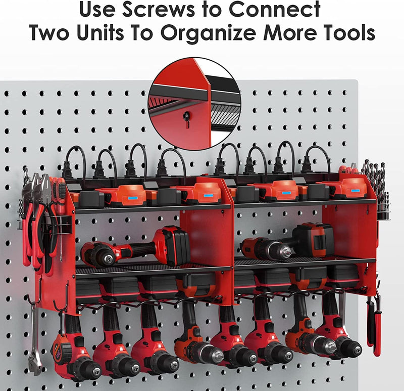 CCCEI Modular Power Tool Organizer Wall Mount with Charging Station. Garage 4 Drill Storage Shelf with Hooks, Screwdriver, Drill Bit Heavy Duty Rack, Tool Battery Holder Built in 8 Outlet Power Strip.