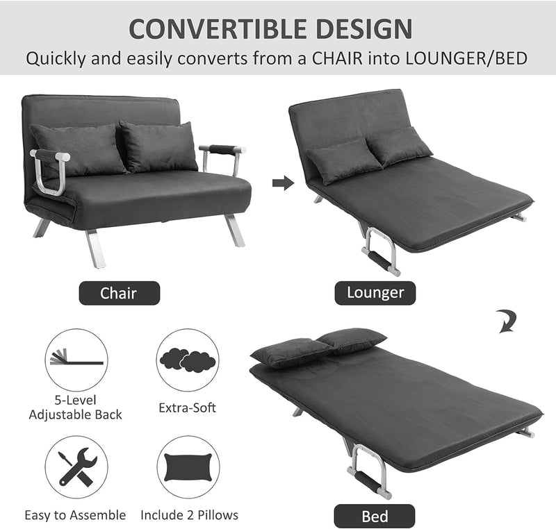 HOMCOM Convertible Sofa Bed Sleeper Chair, 5 Position Adjustable Backrest, Armchair Sleeper with Pillows, Leisure Chaise Lounge Couch, Gray