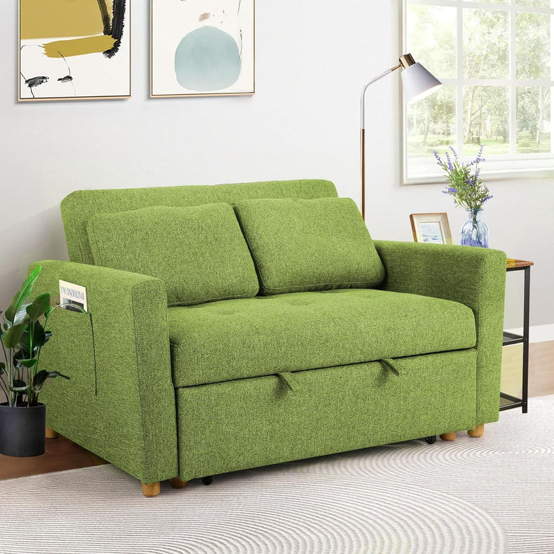 Convertible Sofa Bed, 3-In-1 Sleeper Sofa Pull Out Couch Bed, 2-Seater Linen Fabric Loveseat Futon Sofa with Spring Support, Adjustable Backrest for Small Spaces, Living Room, Olive Green