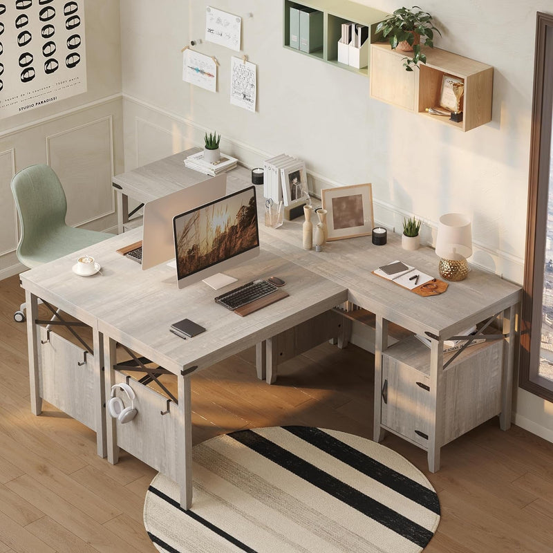 Bestier L Shaped Desk for Home Office, Farmhouse Computer Desk with Storage Cabinet, Office Desk with Bookshelf, 2 Person Computer Desk up to 82 Inch, Corner Desk with Shelves, White Wash