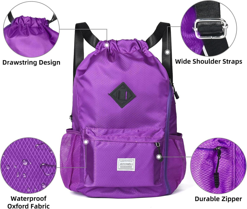 ALUSBELL Large Drawstring Backpack Bag, Sports Gym Bag String Sackpack with Shoes Compartment, Waterproof String Bag Cinch for Women Men(Purple)