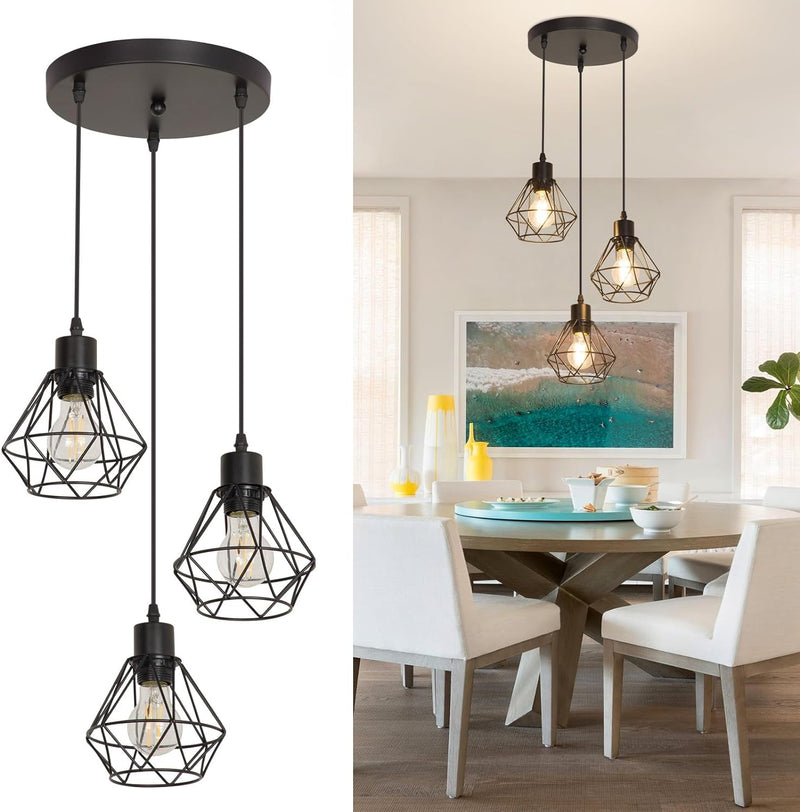 DLLT 3-Light Industrial Pendant Light, Black Metal Cage Hanging Chandelier Lights with Glass Shade, Vintage Style Flush Mount Swag Lighting Fixture for Kitchen/Dining Room/Hallway/Bedroom, E26 Base