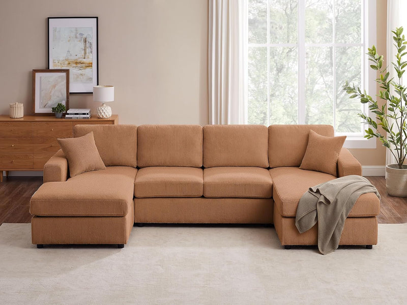 118'' U Shaped Sectional Sofa Couch, Corduroy Fabric Modern Cozy Jumbo Size 6-Seater Sofa, Double Chaise Longue, Beige