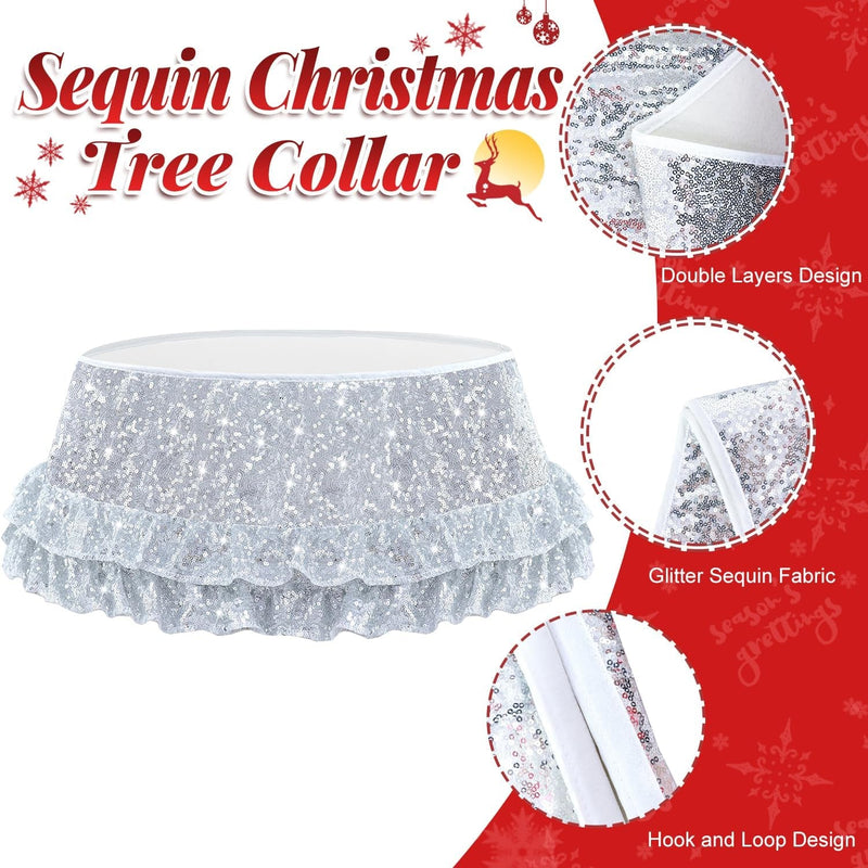 FOTSHARER Silver Christmas Tree Collar 23.6 Inch Sequin Tree Stand Collar round Xmas Tree Collar for Pencil Tree Ruffle Christmas Tree Stand Cover Sparkle Tree Rings for Merry Christmas Decorations