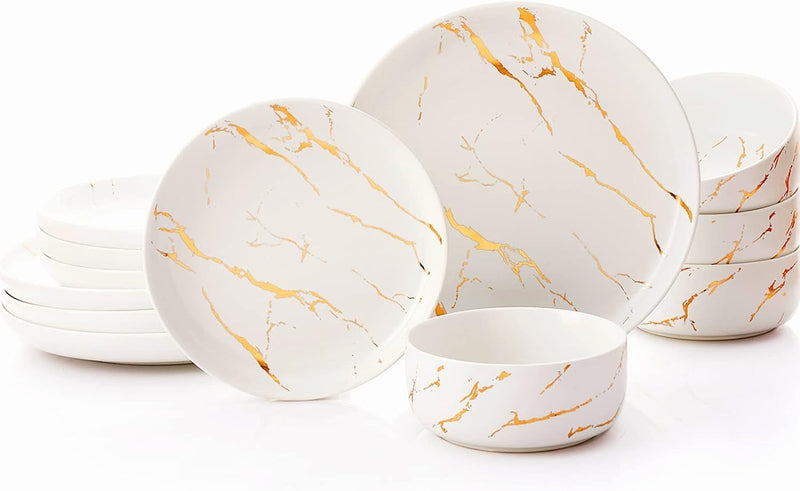 Dinnerware Sets, Marble Gold Line Plates and Bowls Sets Stoneware Dishes Set for 4, 12 Piece White Grey Marble Porcelain round Dinner Dish Sets