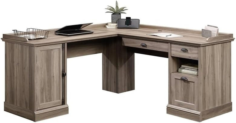 BOWERY HILL Antique Look Home Office L-Shaped Computer Desk with CPU Tower in Salt Oak