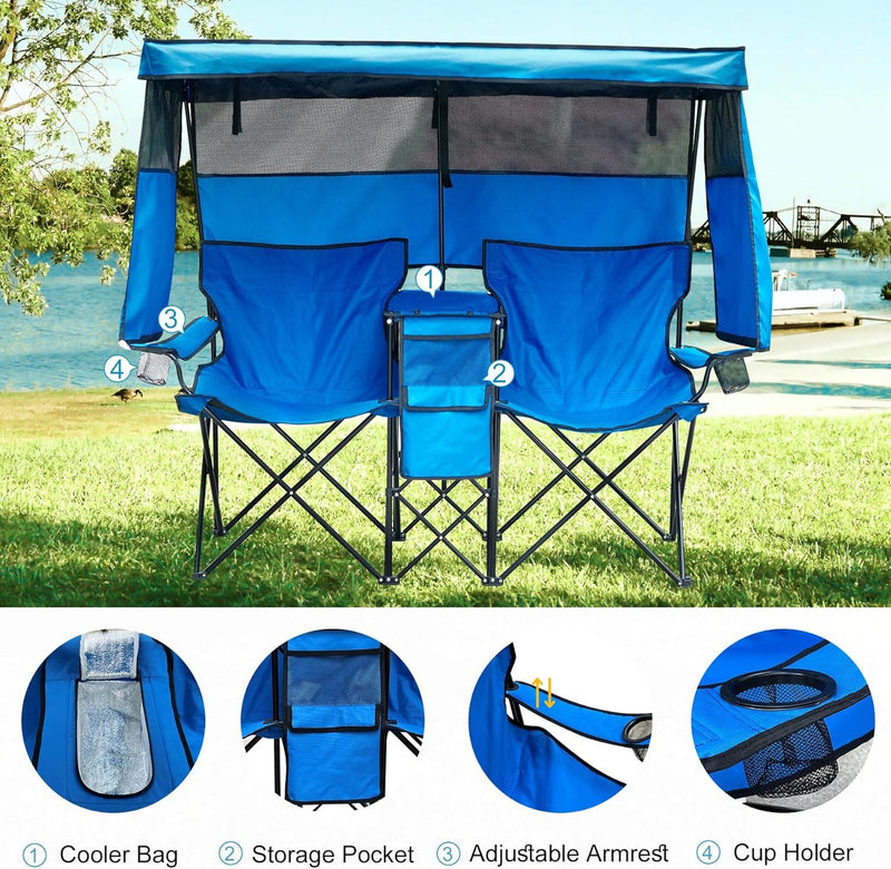 Double Camping Chair with Canopy Shade Beach Chairs with Cup Holder Heavy Duty Folding Loveseat for outside Lawn Patio