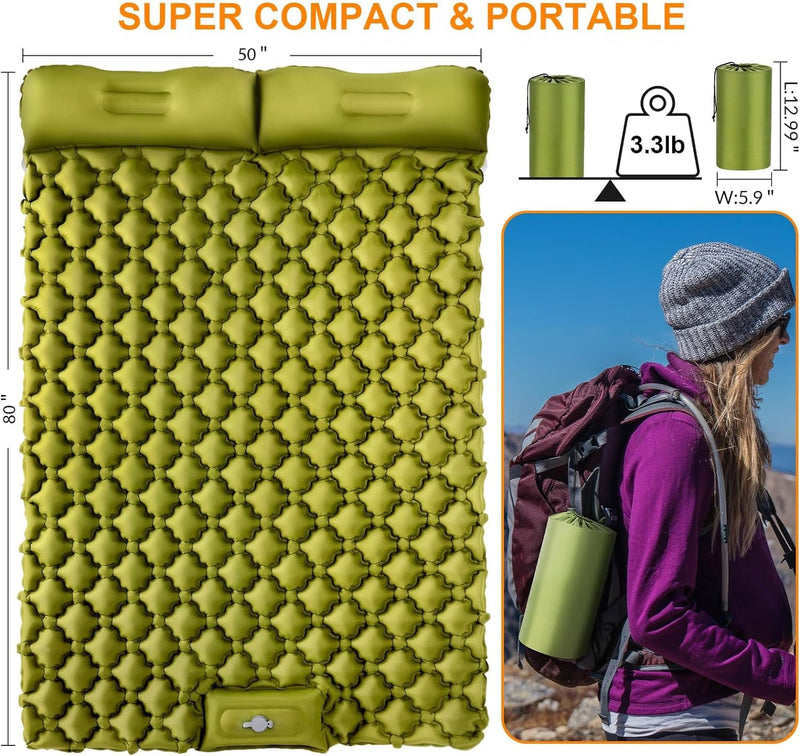 Double Sleeping Pad, Ultralight 4" Extra-Thick Self Inflating Sleeping Mat for 2 Person with Pillow Built-In Foot Pump Portable Camping Mat for Backpacking, Hiking, Traveling, Tent, Camping