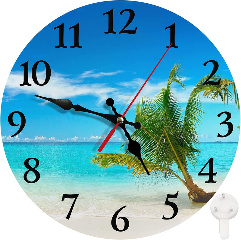 Britimes round Wall Clock Non-Ticking Silent Battery Operated Clock 10 Inch, Sea Beach Blue Sky Sand Home Decor for Living Room, Kitchen, Bedroom, and Office