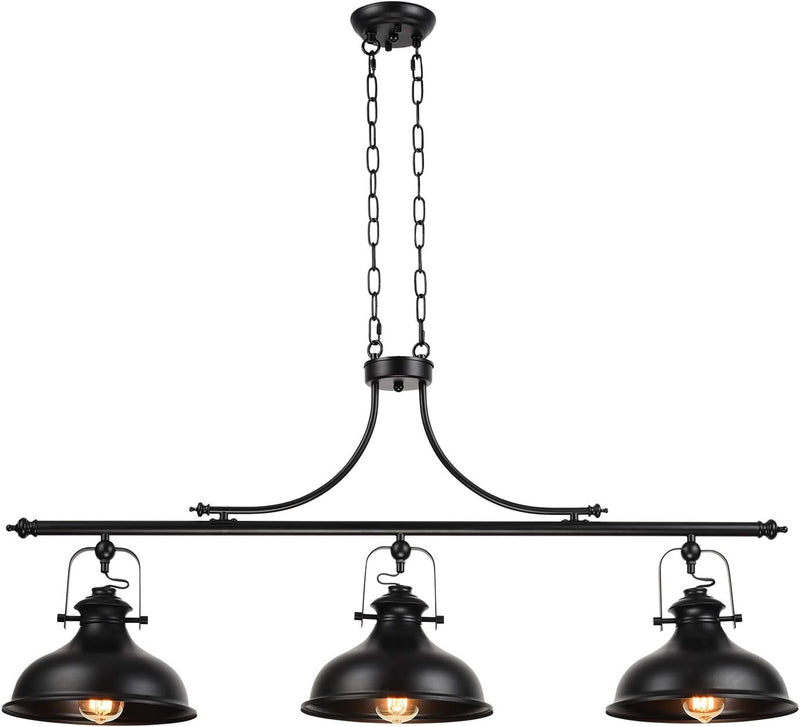 Gzbtech Vintage 3-Light Pendant Lighting Fixture, 59.06'' H Adjustable Rustic Hanging Billiard Light over the Pool Table, Industrial Black Metal Chandelier for Dinning Room Kitchen Island