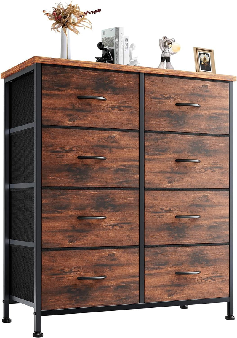 ANTONIA Dresser for Bedroom with 8 Fabric Drawers, Tall Chest Organizer Units for Clothing, Closet, Kidsroom, Storage Tower with Cabinet, Metal Frame, Wooden Top, Lightweight Nursery Furniture, Black