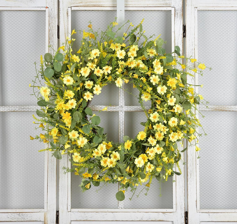 24 Inch Artificial Daisy Flower Spring Wreath with Eucalyptus Green Leaves Wreath Farmhouse Wreath for Front Door Wall Home Party Decorations