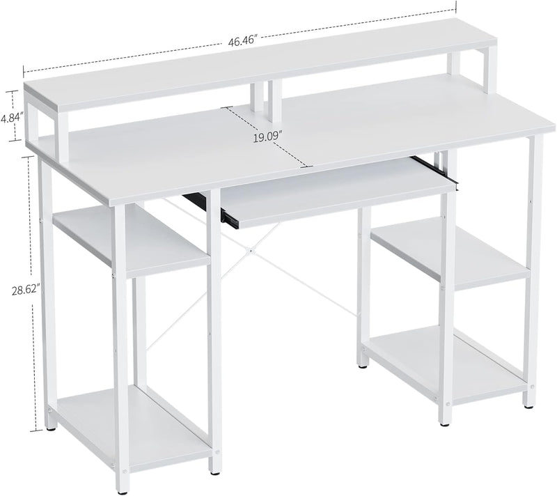 Cubicubi 47 Inch Computer Desk with Storage Shelves Monitor Stand Keyboard Tray, Home Office Desk, Study Writing Table, White