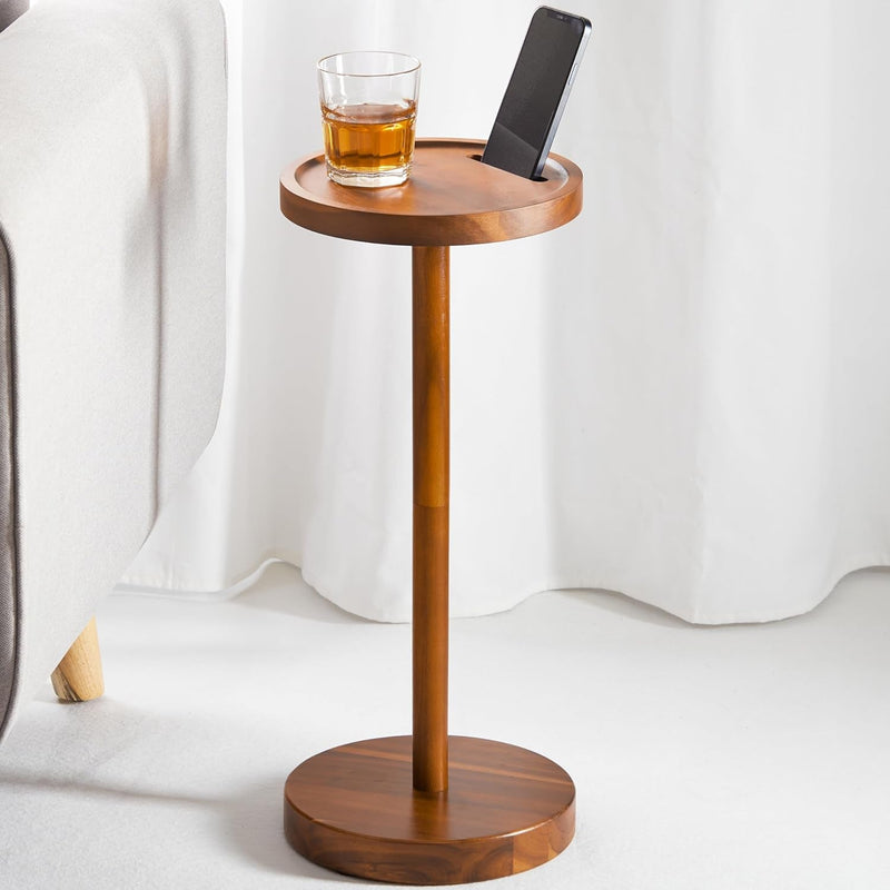 BLUEWEST Pedestal Side Table, Acacia Weighted Base Drink Table, Small round Side Table for Small Spaces with Phone Holder, Martini and Cocktail Pedestal End Table, Mini Pedestal Table