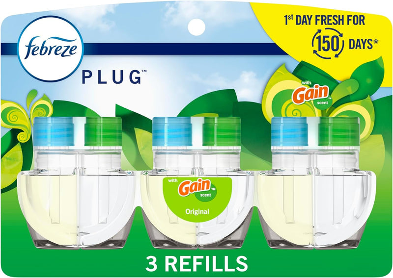 Febreze Plug in Air Fresheners for Home, Air Freshener Plug In, Gain Scent, Odor Fighter for Strong Odors, 1 Warmer + 2 Oil Refills