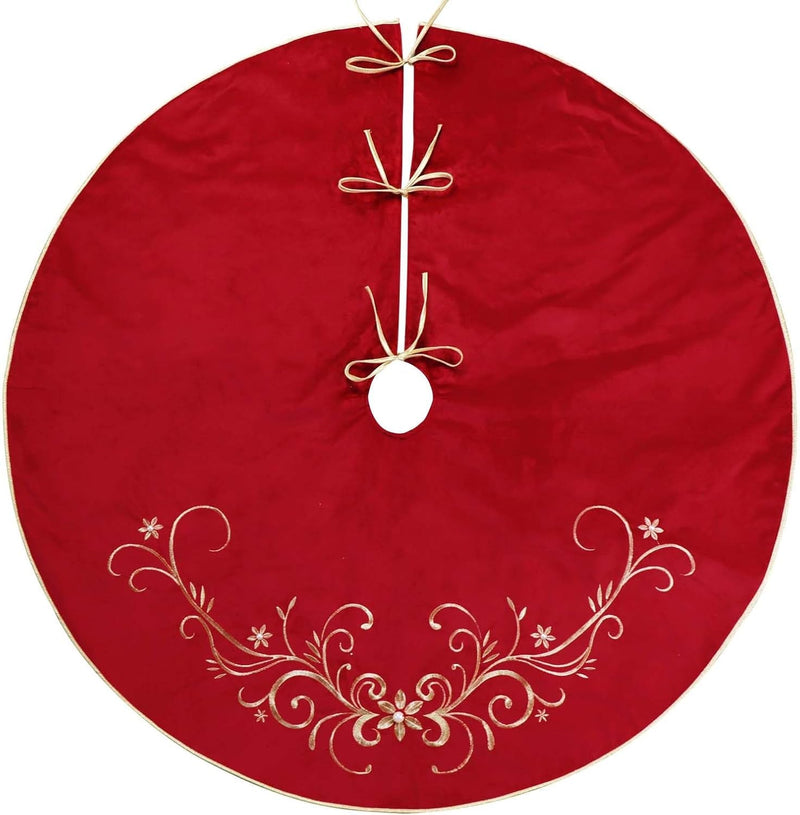 Christmas Tree Skirt, 48 Inches Baroque Large Velvet Fur Plush Red and Burgundy Tree Skirt, Classic Tree Skirts with Traditional Gold Iris Embroidered for Holiday Decorations