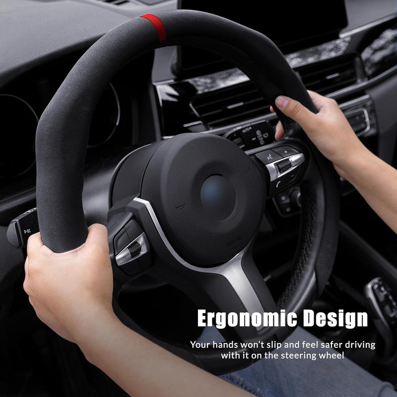 Car Steering Wheel Cover Suede Wrap 14.5-15 Inch Steering Wheel Grip Snap on Non Slip Sport Car Interior Accessories Decoration Universal Black