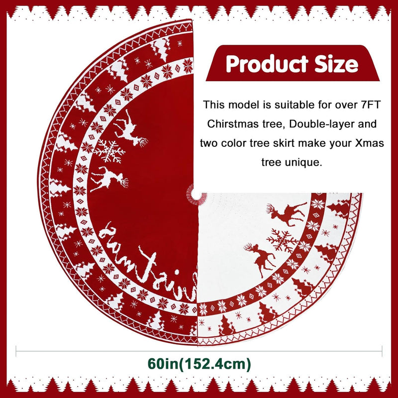 Christmas Tree Skirt 60 Inches, Knit Red Tree Skirt for 7Ft Tree to 9Ft Tree, Double-Sided Large Knitted Xmas Tree Skirt for Indoor Holiday Party Farmhouse Christmas Tree Decorations