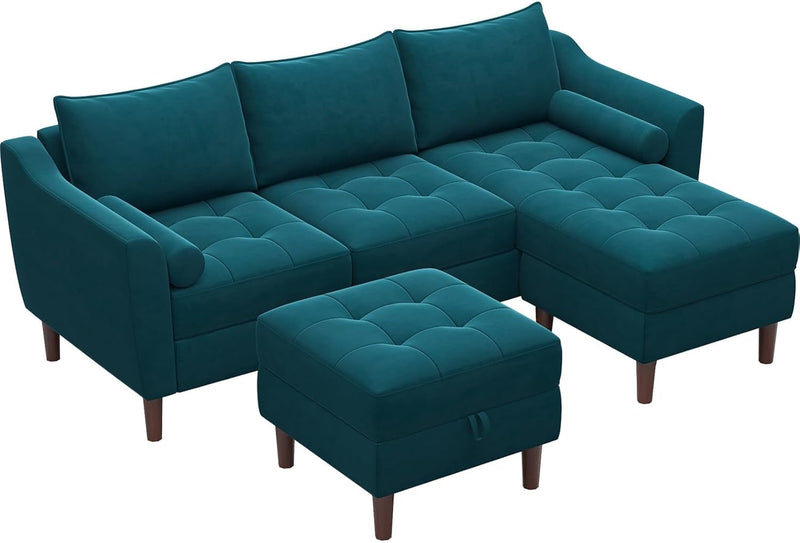 Belffin Velvet Convertible Sectional Sofa Couch Modern U Shaped Sofa with Chaise 4 Seat Sectional Sofa with Reversible Storage Ottoman for Small Spaces Peacock Blue