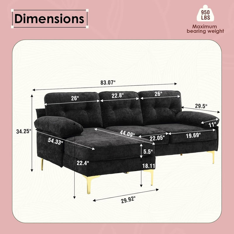 Apicizon 82" Black Sectional Sofa Cloud Couches, Modern L-Shaped Sofa Chaise Sleeper for Living Room, Convertible Sofa Couch with Cushion for Apartment Chenille